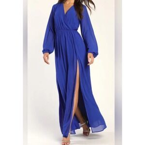 Lulus Maxi Dress XL Royal Blue Long Sleeve Chiffon Formal Wedding Guest Flowy